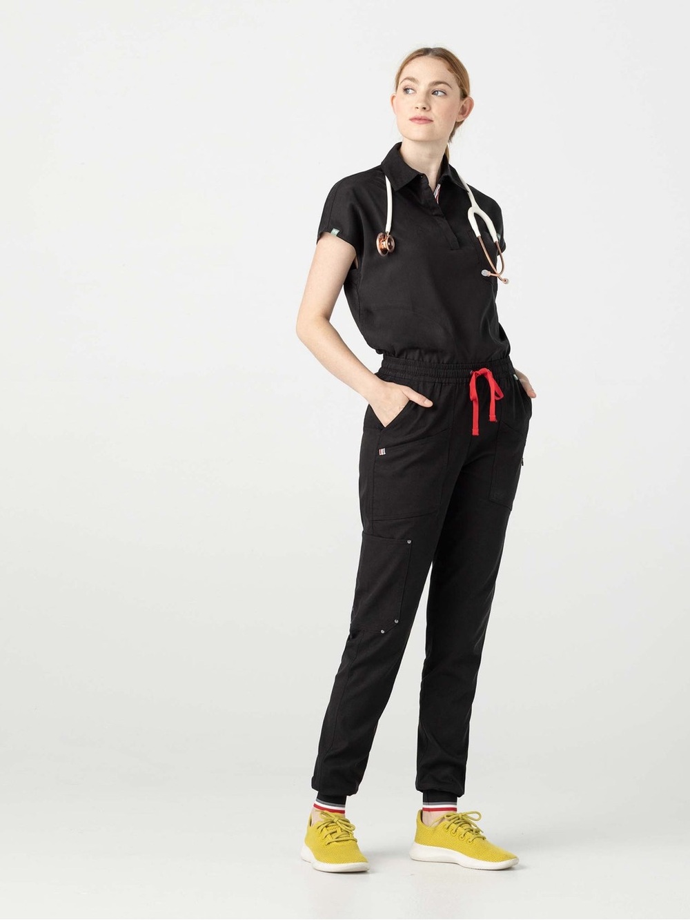 Mediclo Sustainable Scrubs Set XS Black Polo Top Jogger Pants Red Trim